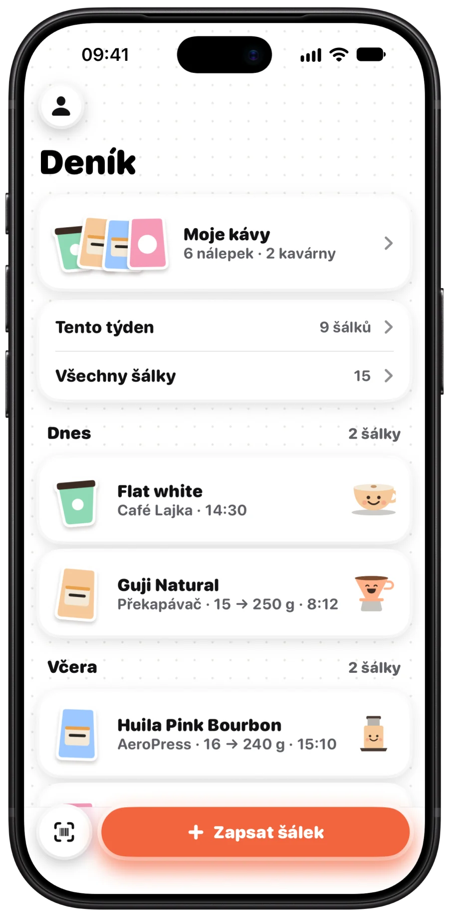 Deník Cuptale s dnešními a včerejšími šálky