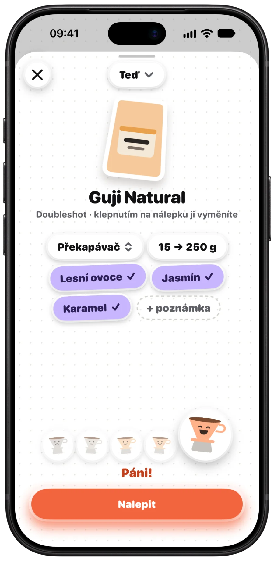 Zápis překapávané Guji Natural s hodnocením Páni a chutěmi lesní ovoce, jasmín a karamel